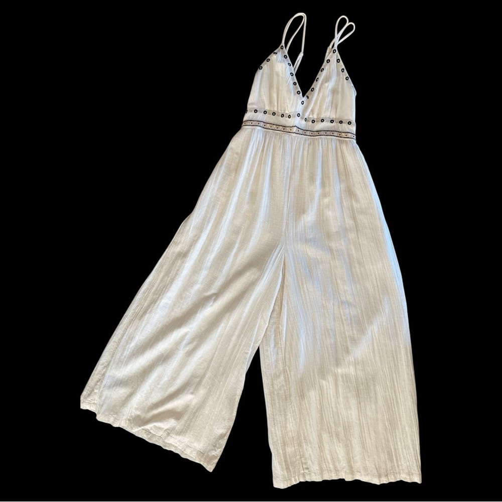 American Eagle Outfitters Wide Leg Cream Jumpsuit Embroidered Trim Lined Gauze M